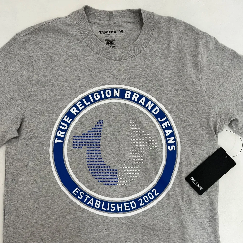 True Religion Mens M Strike HS SS T-shirt Heather Gray Rhinestone‎ Horseshoe NWT